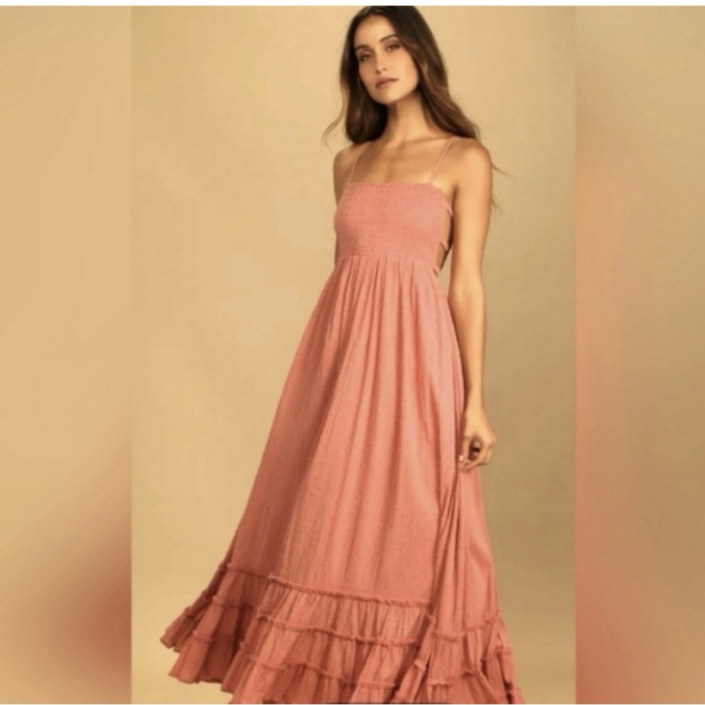 Lulu's Serene Sunshine, Rose Swiss Dot Smocked Cutout Tiered Maxi Dress, MED